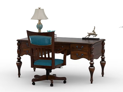 Classic Wooden Desk With Drawers Blue Cushioned Chair Table Lamp And Decorative Figurine 3d model