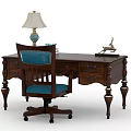 Classic Wooden Desk With Drawers Blue Cushioned Chair Table Lamp And Decorative Figurine