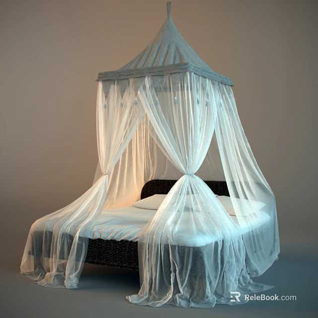 Elegant Double Bed With White Sheer Mosquito Net Black Frame And White Bedding 3d model