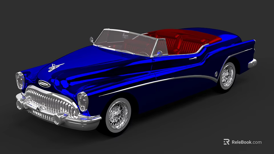Vintage Blue Convertible Car With Red Interior And Chrome Details 3d model 