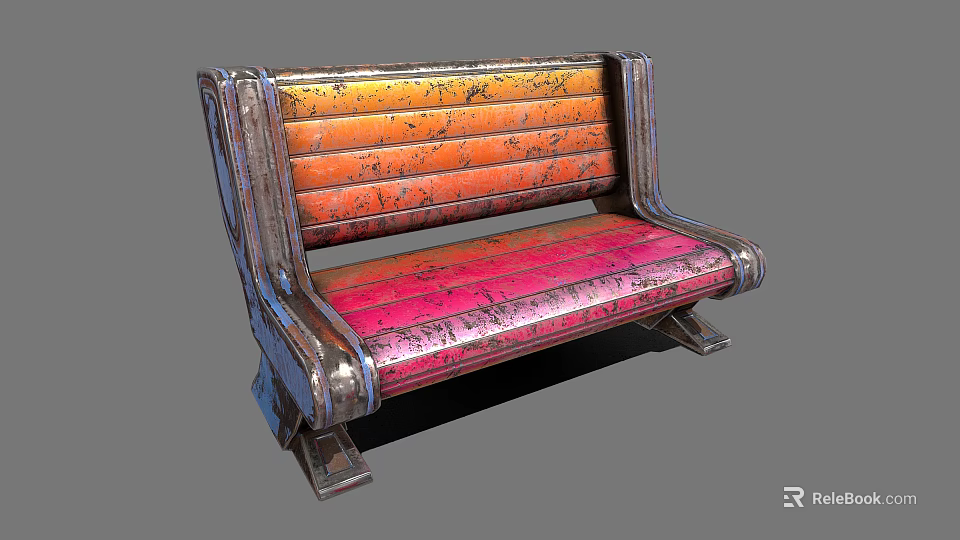 Outdoor Bench With Orange And Pink Striped Weathered Surface And Metal Frame 3d model 