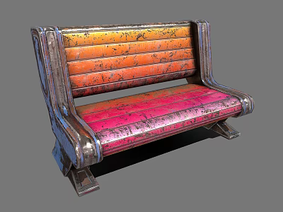 Outdoor Bench With Orange And Pink Striped Weathered Surface And Metal Frame 3d model