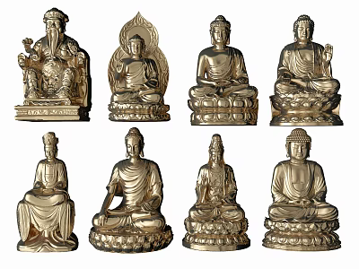 Golden Buddha Sculptures with Various Poses and Intricate Carvings Design 3d model
