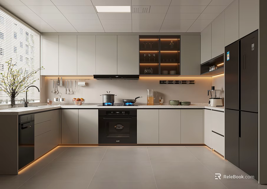 Modern Kitchen Interior With White Cabinets Built In Appliances And LED Lighting 3d model 