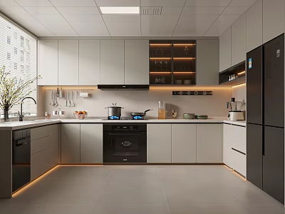 Modern Kitchen Interior With White Cabinets Built In Appliances And LED Lighting 3d model
