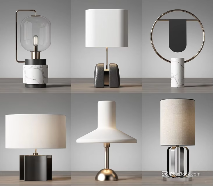 Modern Table Lamps With Different Minimalist Designs Marble Bases Metal Frames Glass And Fabric Shades 3d model 