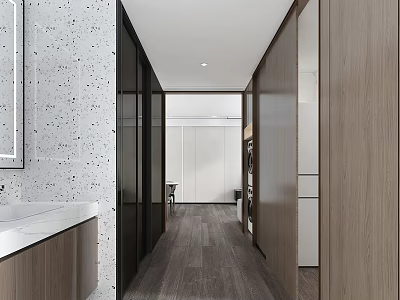 Modern Entryway Hallway Design With Wooden Cabinets Gray Flooring And Mirror 3d model