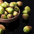 Fresh Ripe Pears in Wooden Bowl with Scattered Ones on Black Background