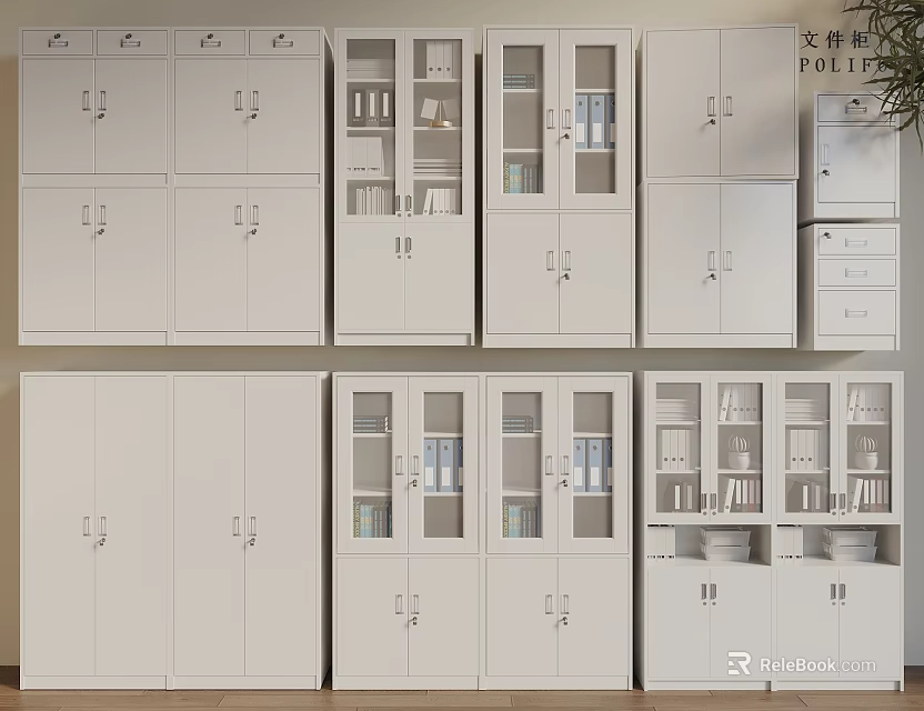 Modern White Metal File Cabinets With Glass Doors And Storage Drawers 3d model 