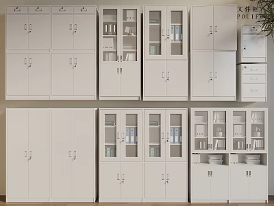 Modern White Metal File Cabinets With Glass Doors And Storage Drawers 3d model
