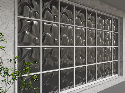 Modern Silver Textured Glass Block Feature Wall with Grid Pattern Concrete Frame and Green Plant 3d model