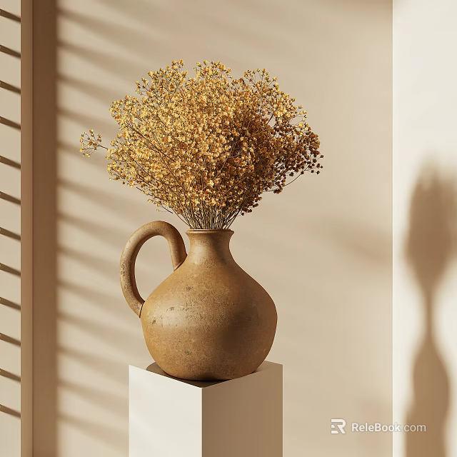 Rustic Clay Vase With Dried Yellow Flowers On White Pedestal Home Decor With Soft Shadows 3d model 