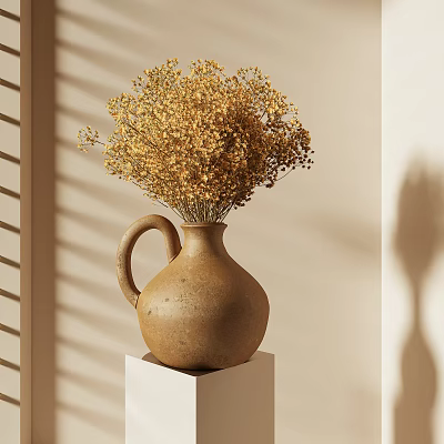 Rustic Clay Vase With Dried Yellow Flowers On White Pedestal Home Decor With Soft Shadows 3d model