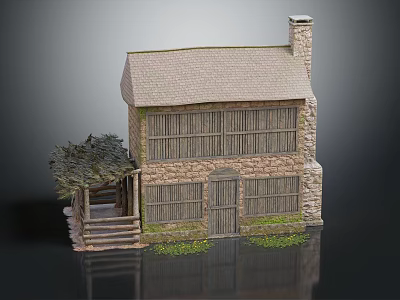 Traditional Stone Wood House with Chimney Wooden Windows Porch and Shingle Roof 3d model