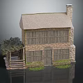 Traditional Stone Wood House with Chimney Wooden Windows Porch and Shingle Roof