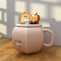 Cute Photo Spot With Pink Cup Cartoon Patterns And Bread Shaped Dolls On Wooden Floor