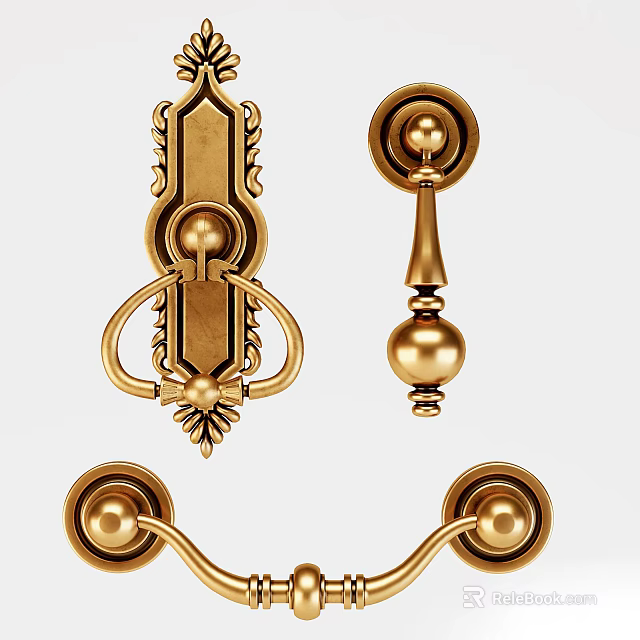 Elegant Brass Decorative Handles with Intricate Carvings and Round Finials for Antique Furniture 3d model 
