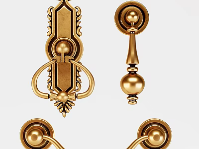 Elegant Brass Decorative Handles with Intricate Carvings and Round Finials for Antique Furniture 3d model
