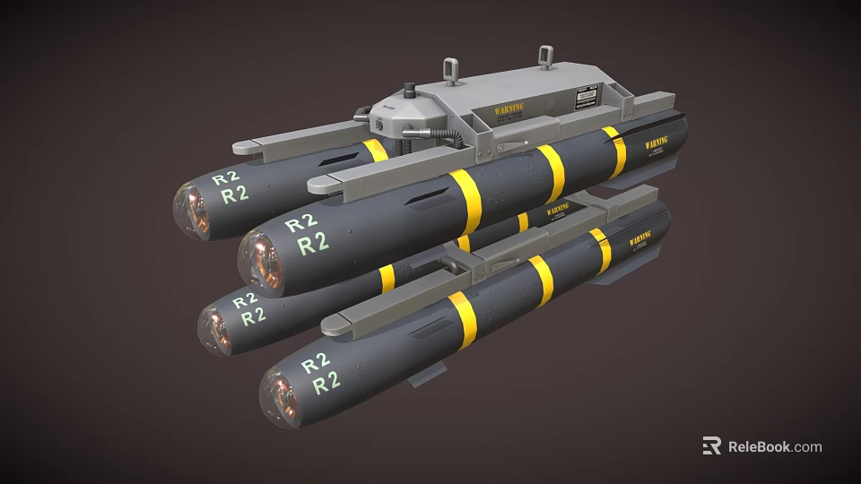 Military Weapon System With R2 Marked Missiles Black Yellow Stripes And Launcher Unit 3d model 