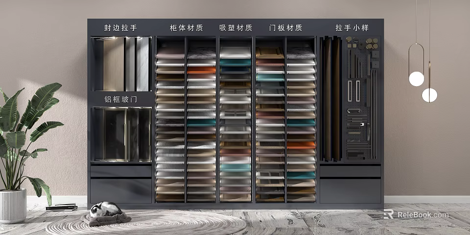 Display Cabinet Shelves with Material Samples Handles and Rock Slab Sliding Doors 3d model 