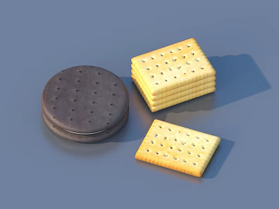 Round Chocolate Sandwich Cookie With Stack Of Square Saltine Crackers And Single Piece 3d model