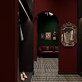 Elegant Clothing Store Interior With Red Walls Chandeliers Dark Shelves Mannequin Hanging Clothes