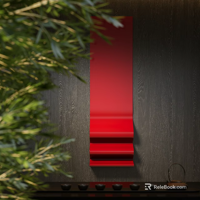 Red Layered Wall Decor On Dark Wooden Wall With Green Foliage Accents 3d model 