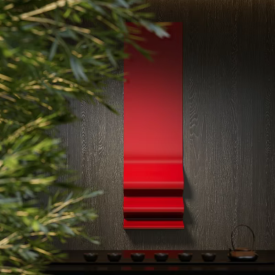 Red Layered Wall Decor On Dark Wooden Wall With Green Foliage Accents 3d model