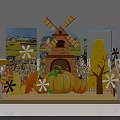 Autumn Themed Decorative Scene With Scarecrow Windmill Pumpkins Trees And White Fence