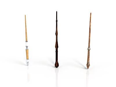 Three Wooden Magic Wands With Carved Designs And Decorative Handles 3d model
