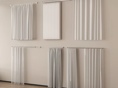 Various Curtain Styles Hanging On Wall Mounted Rods In Room 3d model