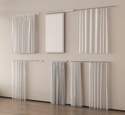 Various Curtain Styles Hanging On Wall Mounted Rods In Room 3d model