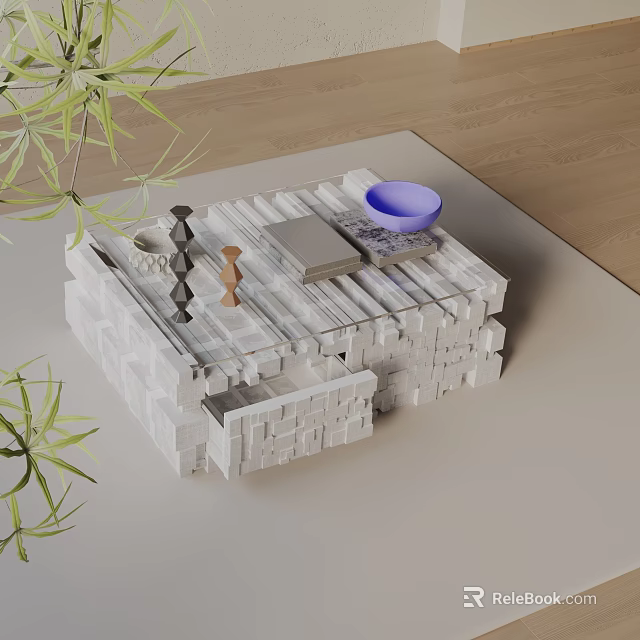 Modern Sofa Coffee Table Set With Gray Stacked Design Blue Bowl Books And Green Plants 3d model 