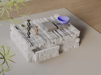 Modern Sofa Coffee Table Set With Gray Stacked Design Blue Bowl Books And Green Plants 3d model