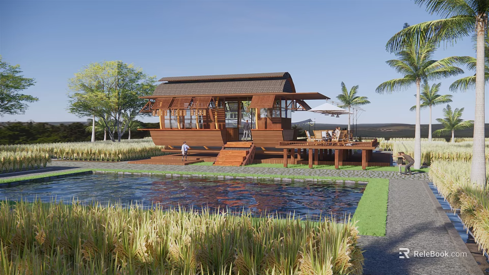 Rural Landscape With Wooden Cabin Pond Rice Field Green Grass And Palm Trees 3d model 