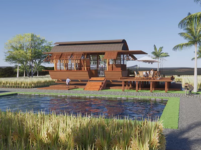 Rural Landscape With Wooden Cabin Pond Rice Field Green Grass And Palm Trees 3d model