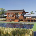 Rural Landscape With Wooden Cabin Pond Rice Field Green Grass And Palm Trees