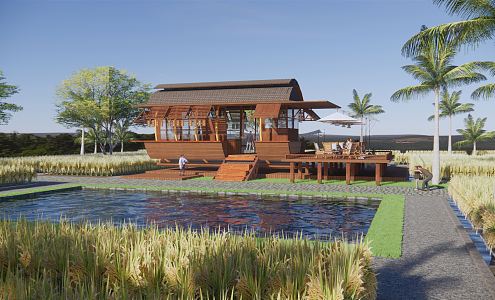 Modern Farm Holiday Wooden House Rice Field Restaurant Leisure Wooden House Picnic Internet Celebrity Farm Party Country Landscape Corridor Rice Base 3d model