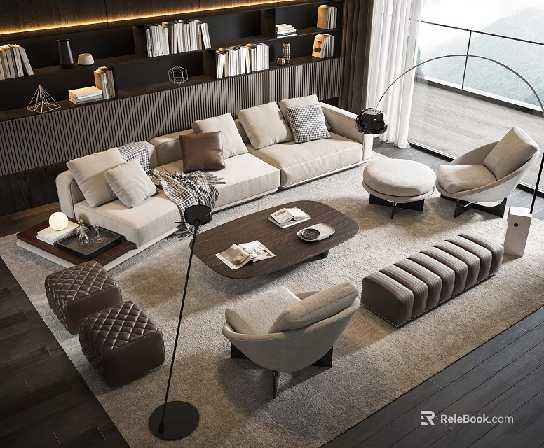 Elegant Sofa and Coffee Table Set with Beige Cushions Accent Chairs Ottoman and Floor Lamp 3d model 