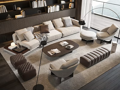 Elegant Sofa and Coffee Table Set with Beige Cushions Accent Chairs Ottoman and Floor Lamp 3d model