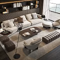 Elegant Sofa and Coffee Table Set with Beige Cushions Accent Chairs Ottoman and Floor Lamp