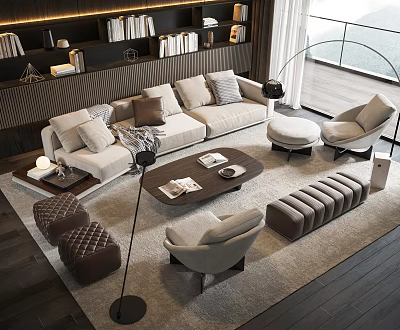 Elegant Sofa and Coffee Table Set with Beige Cushions Accent Chairs Ottoman and Floor Lamp 3d model