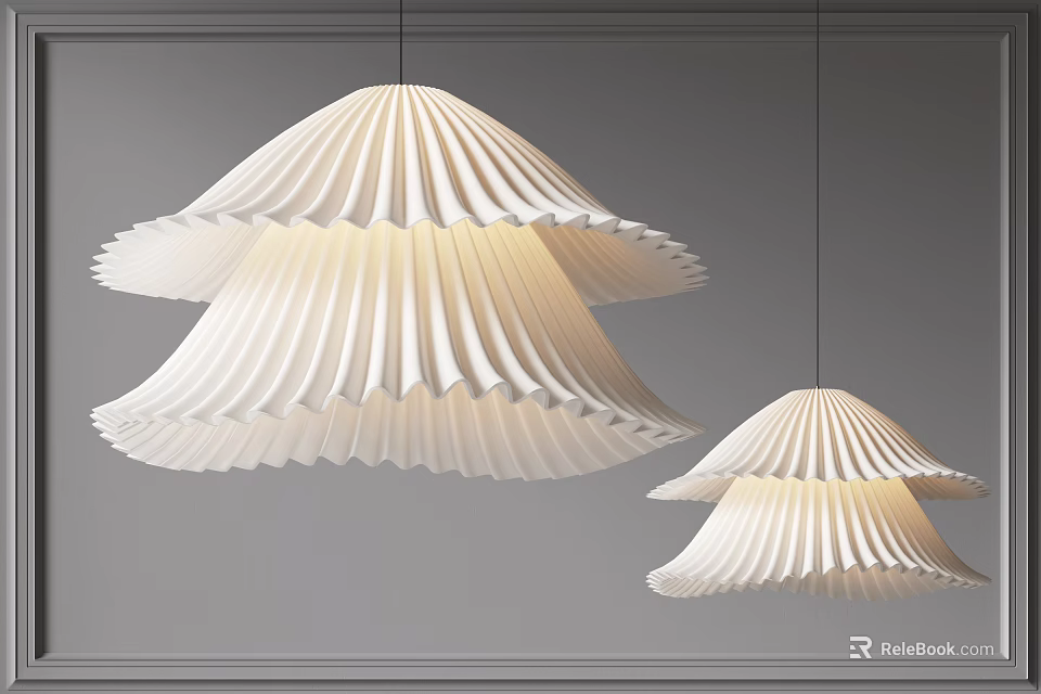 Modern White Pleated Double Layer Pendant Lights Hanging In Interior Space Design 3d model 