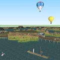 Scenic Park Landscape With Clear Water Swans Wooden Pier Hot Air Balloons Reeds And Pavilion