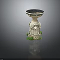 Ornamental Circular Stone Basin With Carved Pedestal And Surrounding Green Plants