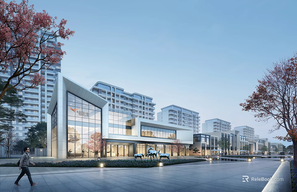 Modern Commercial Street With Contemporary Buildings Glass Facades And Pedestrian Walkways 3d model 
