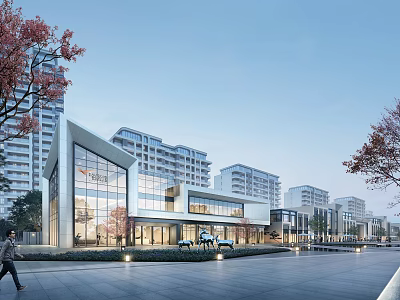 Modern Commercial Street With Contemporary Buildings Glass Facades And Pedestrian Walkways 3d model