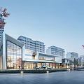 Modern Commercial Street With Contemporary Buildings Glass Facades And Pedestrian Walkways