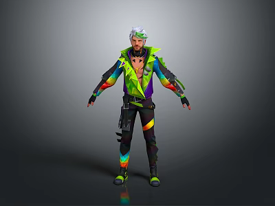Futuristic Cyberpunk Character With White Hair And Colorful Green Purple Black Outfit 3d model