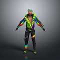 Futuristic Cyberpunk Character With White Hair And Colorful Green Purple Black Outfit